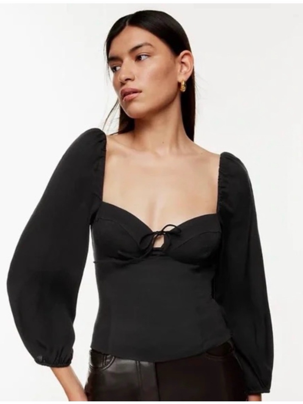 Aritzia Black Sweetheart Neck Tie Long-Sleeve Top